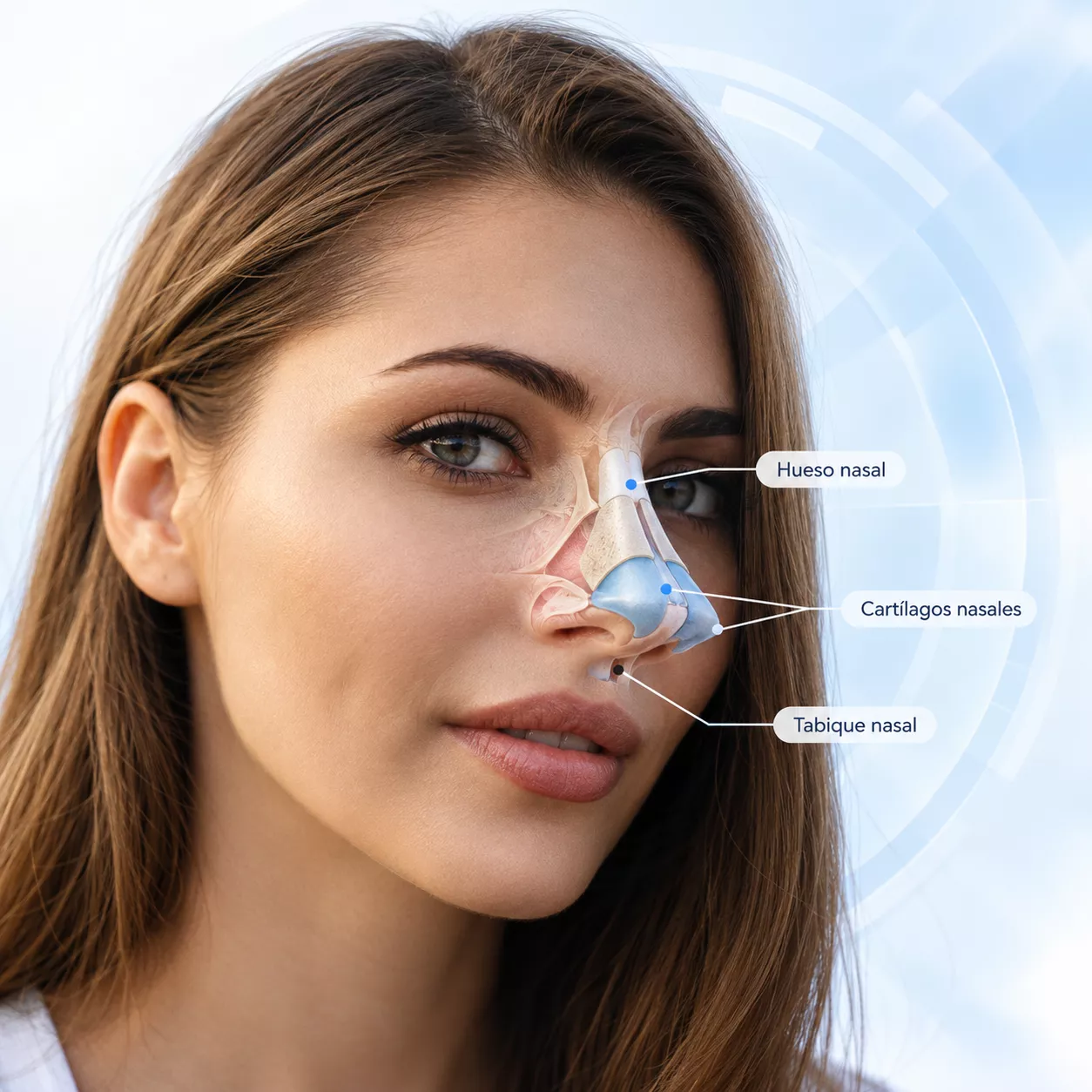 Diagrama ilustrativo del hueso nasal, los cartílagos nasales y el tabique nasal sobre un perfil facial. Recurso educativo, no un resultado quirúrgico.